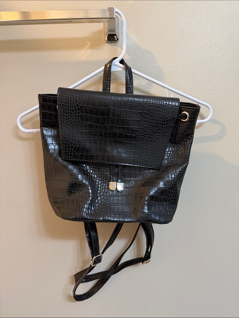 Black Croc-Embossed Backpack Purse